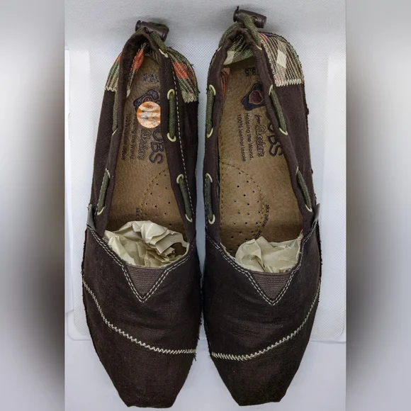 Skechers BOBS Womens Shoes 8.5 Brown Canvas Slip On Pillow Arch Leather Insole - Picture 2 of 5